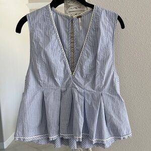Free People Light Blue Striped V-Neck Top